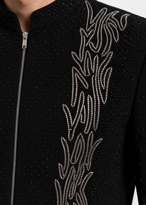 Black Zippered Bandhgala with Metallic Embroidery