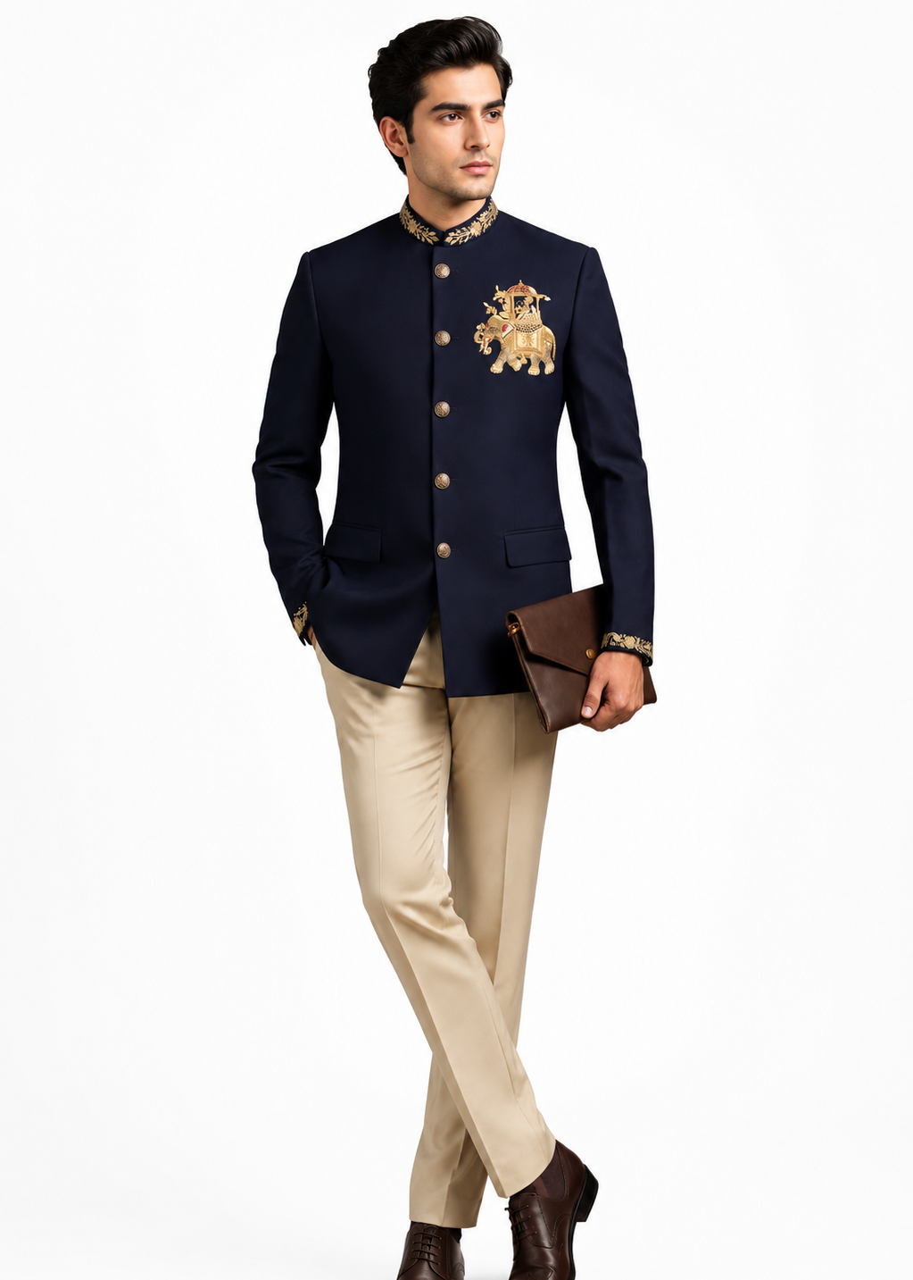 Navy Elephant Embroidered Bandhgala Suit