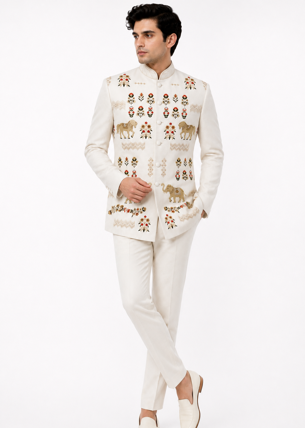 White Animal Embroidered Bandhgala