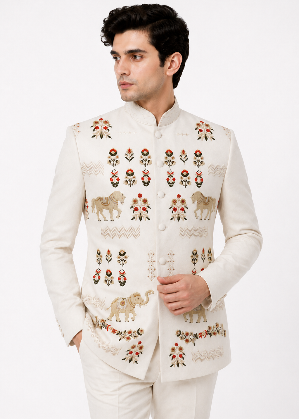White Animal Embroidered Bandhgala