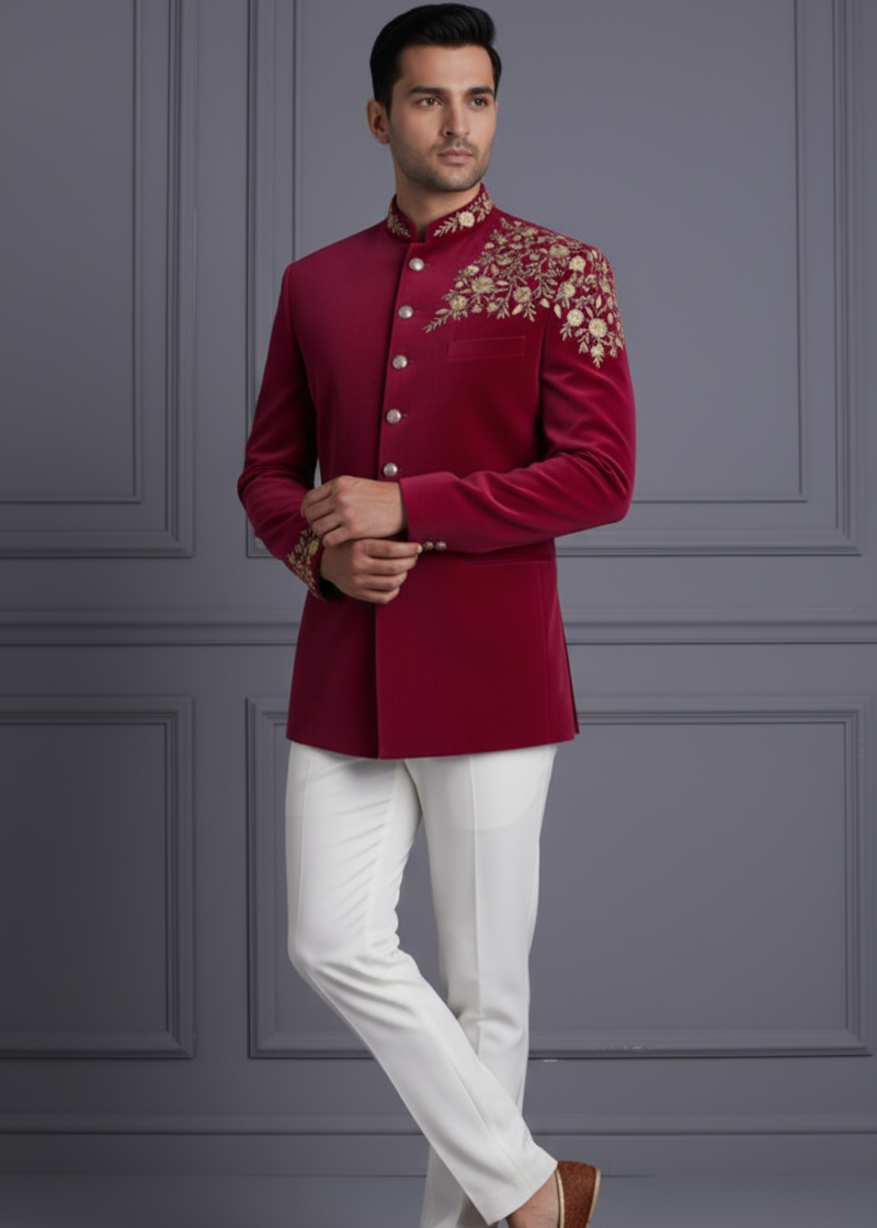 Burgundy Bandhgala with Zari Gold Embroidery