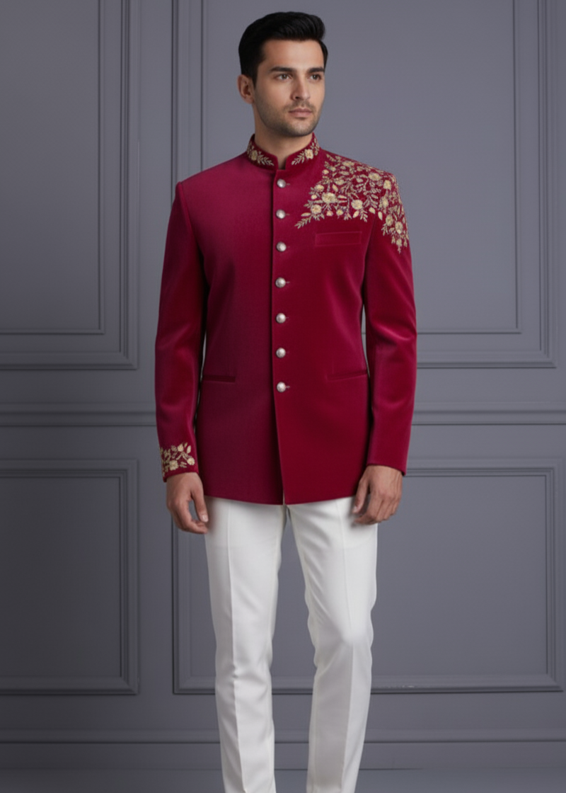 Burgundy Bandhgala with Zari Gold Embroidery
