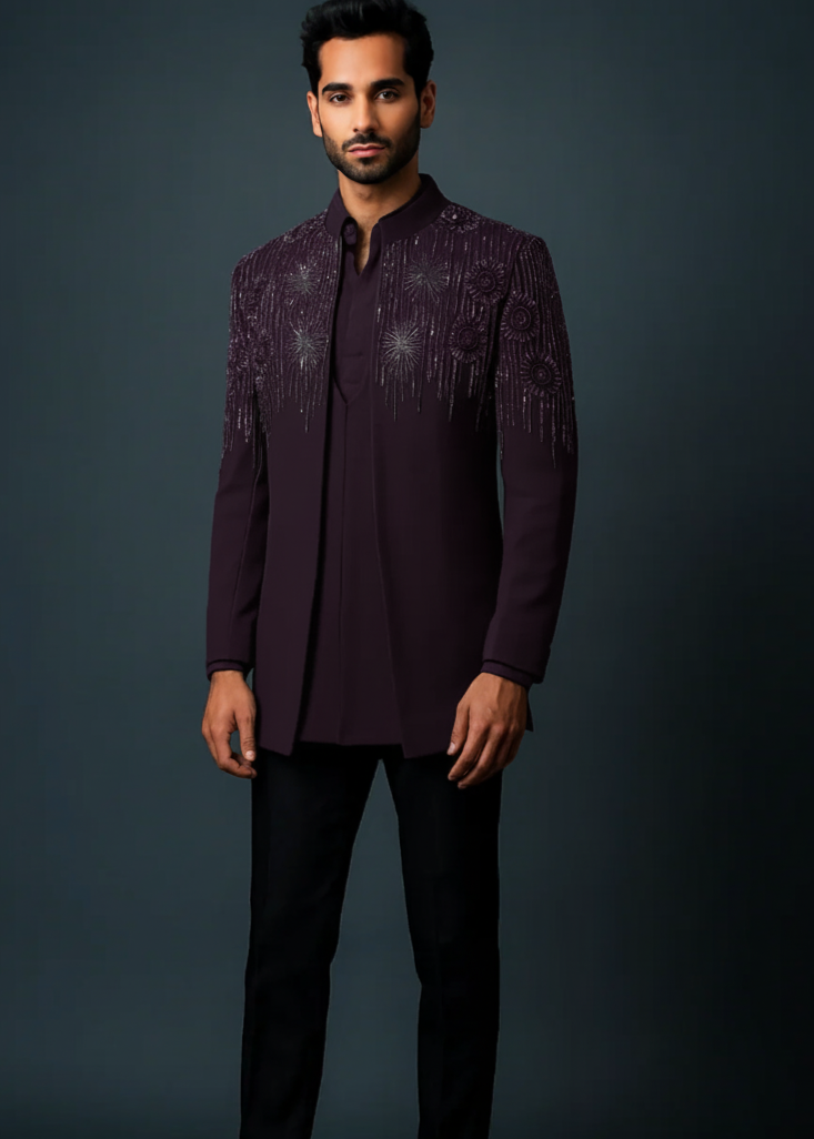 Burgundy Hand Embroidered Indo Western Suit