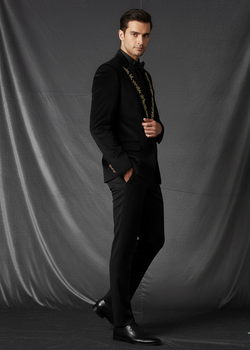 Groomsmen Black Zardozi Embroidered Tuxedo