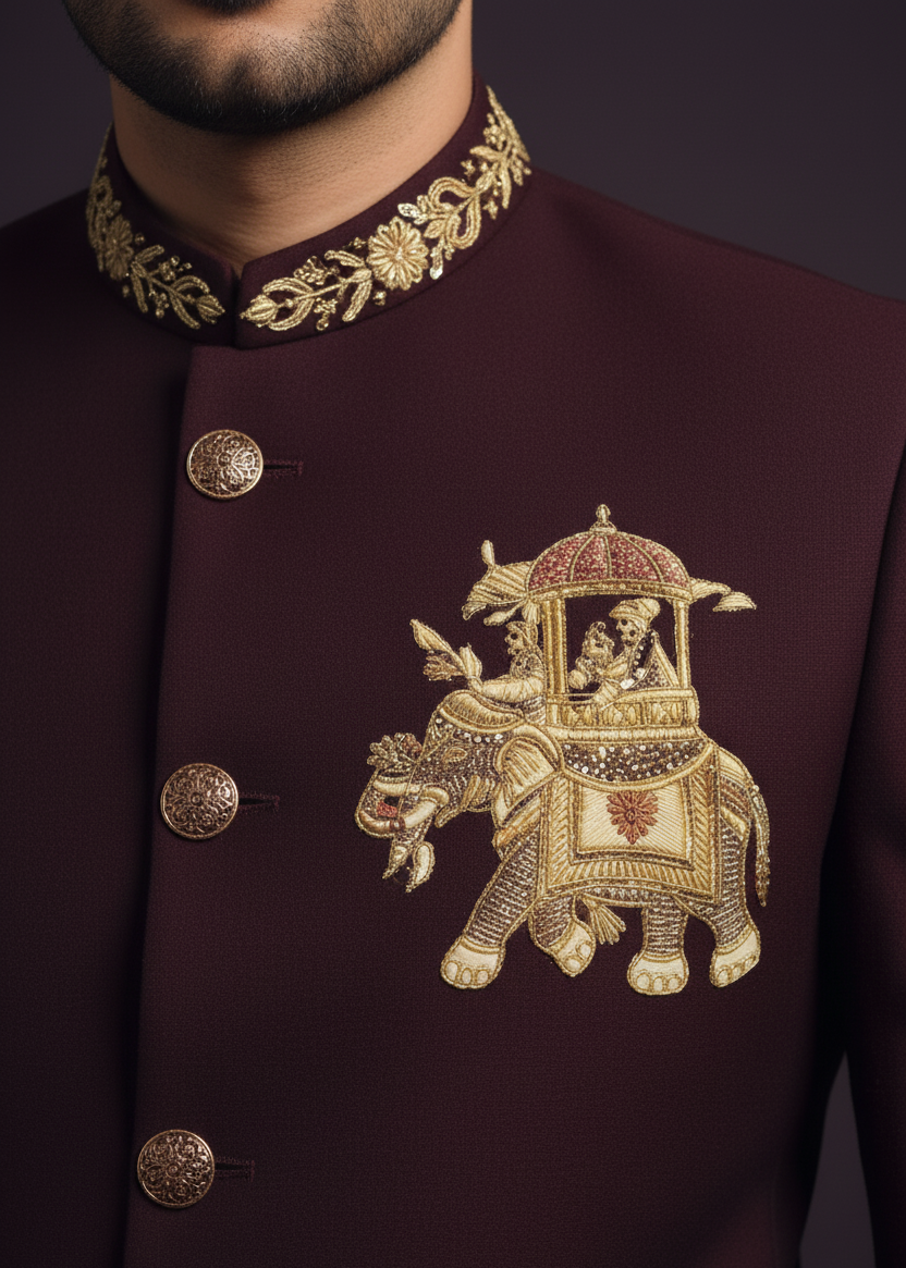 Slim Fit Burgundy Elephant Embroidered Jodhpuri Suit