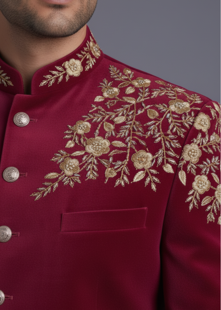 Burgundy Bandhgala with Zari Gold Embroidery