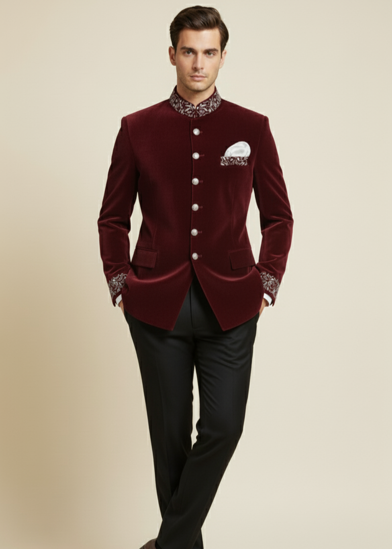 Maroon Velvet Zardozi Embroidered Bandhgala