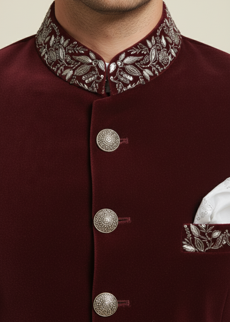 Maroon Velvet Zardozi Embroidered Bandhgala