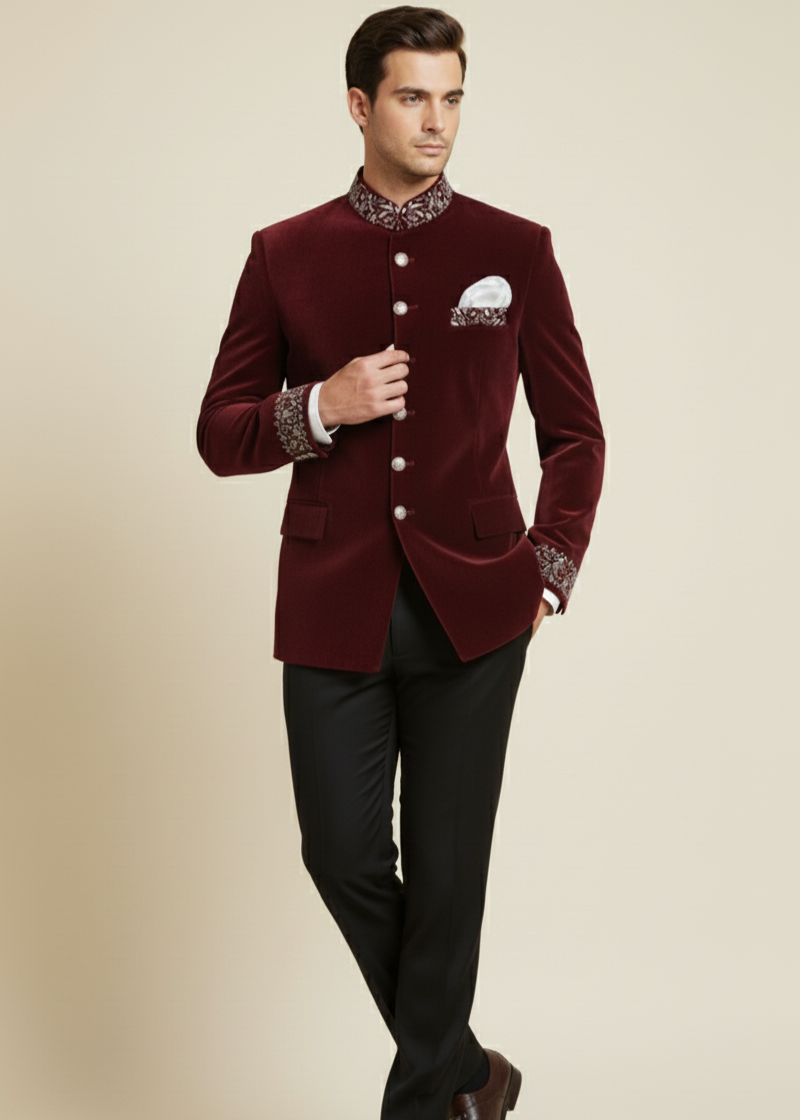 Maroon Velvet Zardozi Embroidered Bandhgala