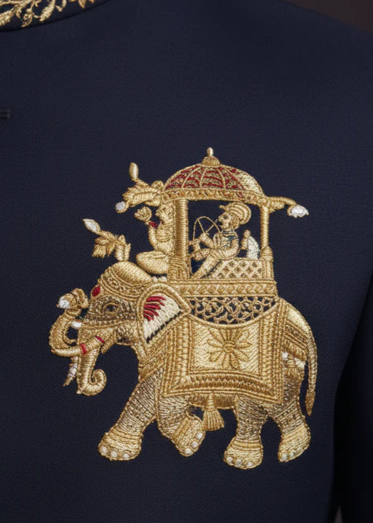 Navy Elephant Embroidered Bandhgala Suit
