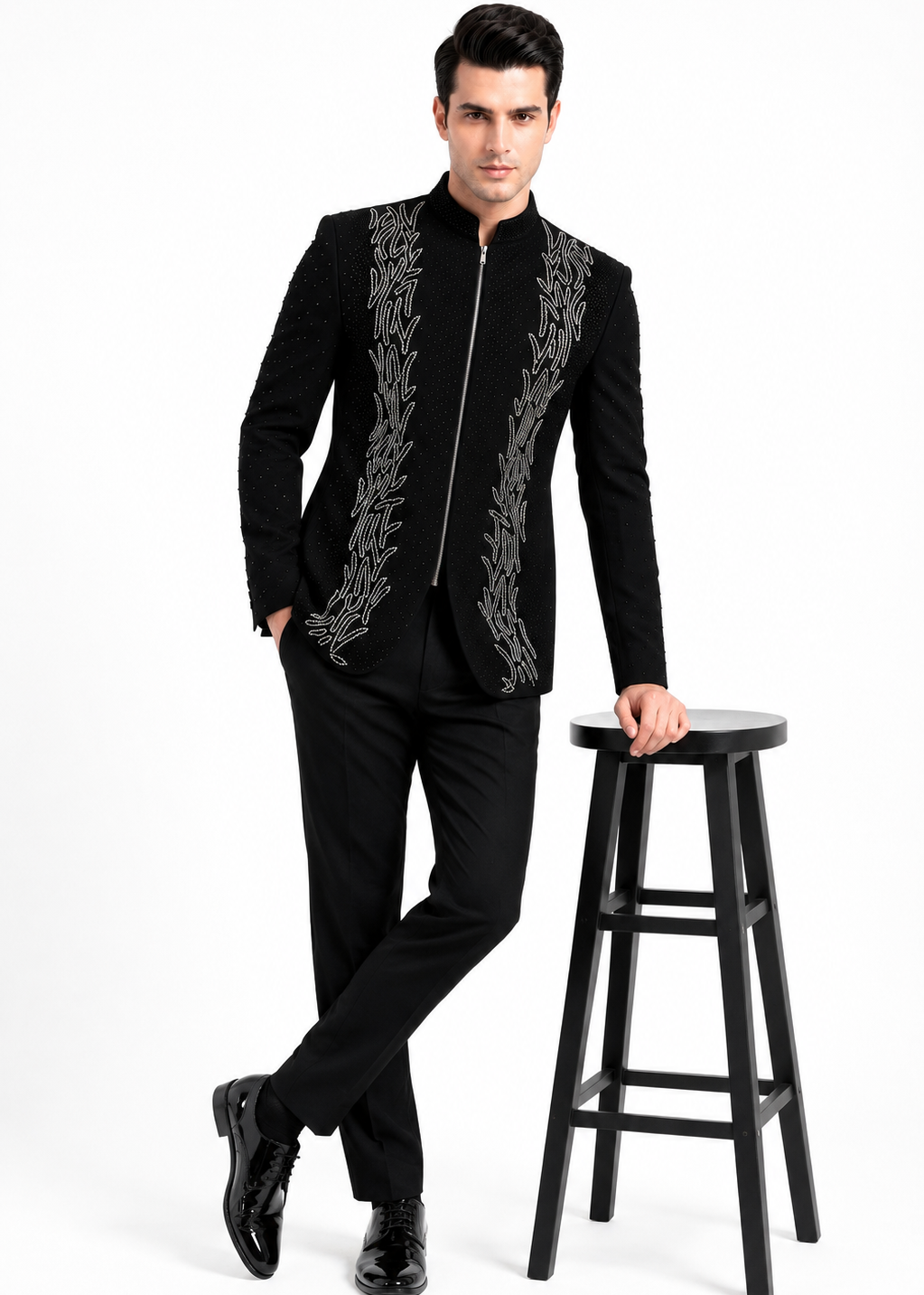 Black Zippered Bandhgala with Metallic Embroidery