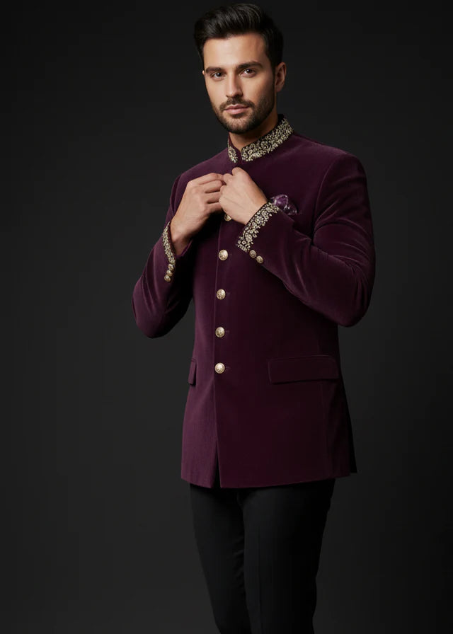 Purple Velvet Embroidered Bandhgala