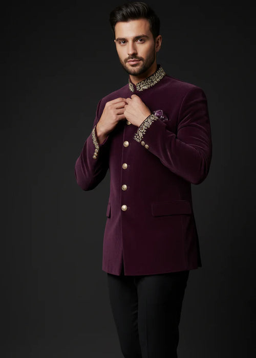 Purple Velvet Embroidered Bandhgala