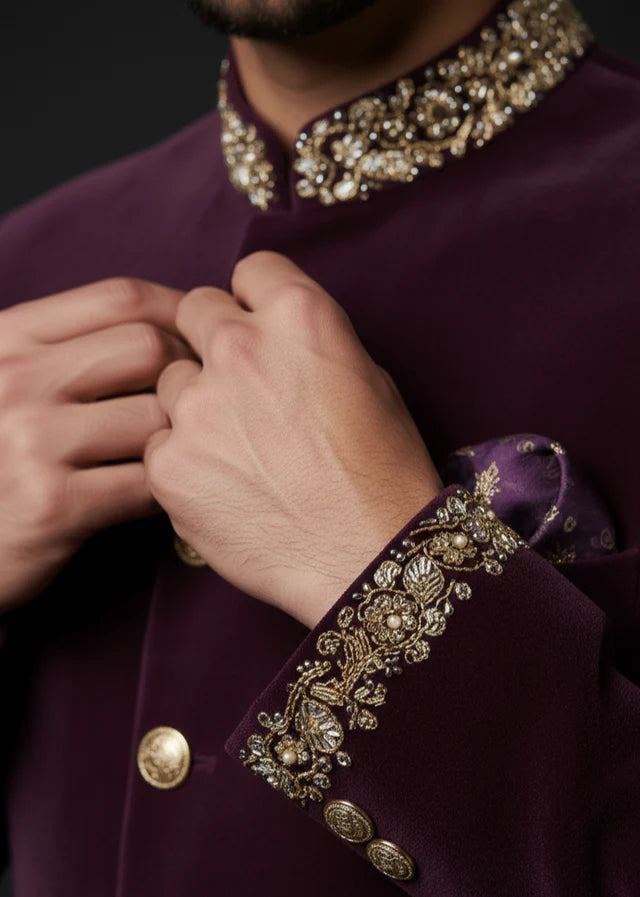 Purple Velvet Embroidered Bandhgala