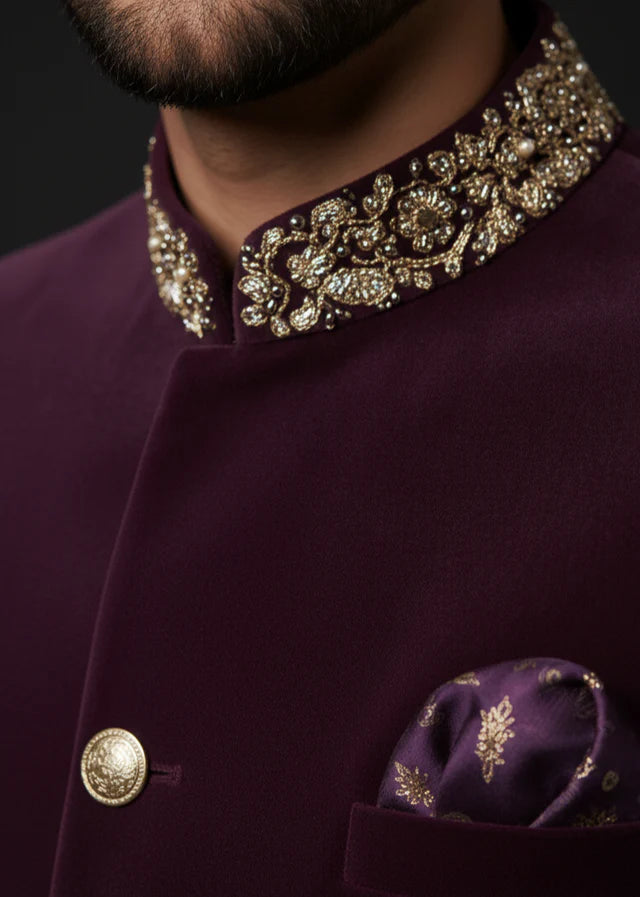 Purple Velvet Embroidered Bandhgala