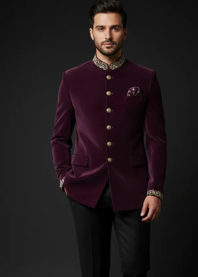 Purple Velvet Embroidered Bandhgala