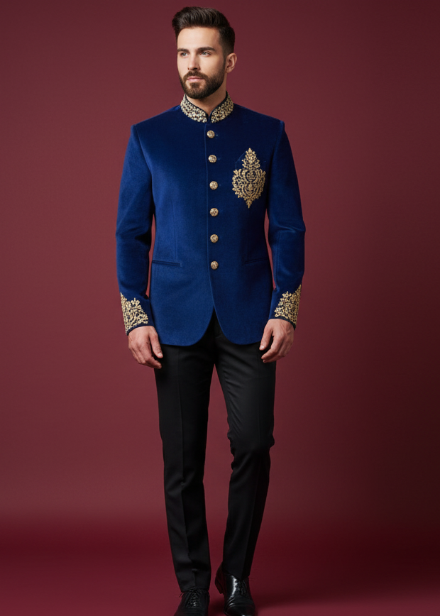 Royal Blue Velvet Embroidered Jodhpuri Suit