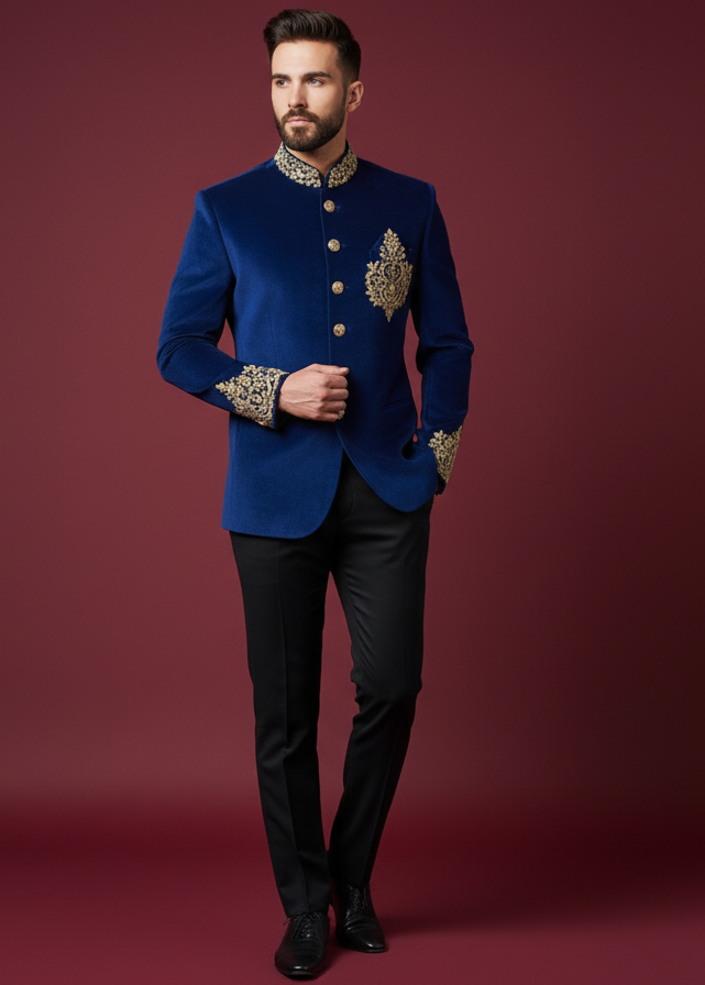 Royal Blue Velvet Embroidered Jodhpuri Suit