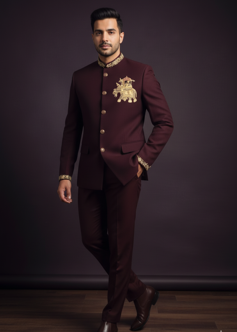 Slim Fit Burgundy Elephant Embroidered Jodhpuri Suit
