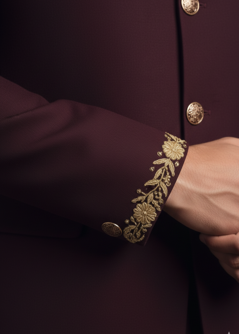 Slim Fit Burgundy Elephant Embroidered Jodhpuri Suit