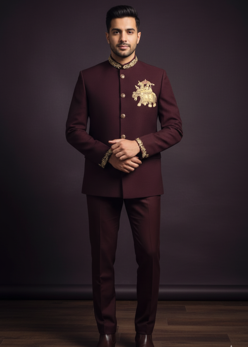 Slim Fit Burgundy Elephant Embroidered Jodhpuri Suit