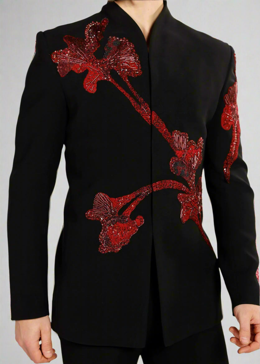 Black and Red Embroidered Bandhgala