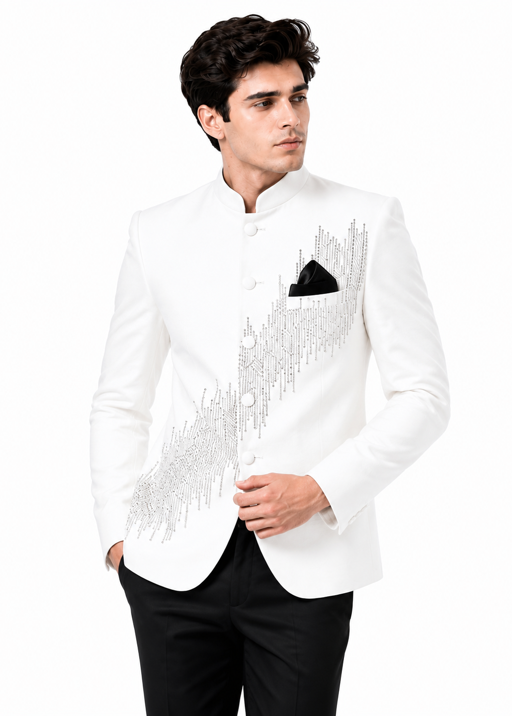White Metallic Embellished Bandhgala