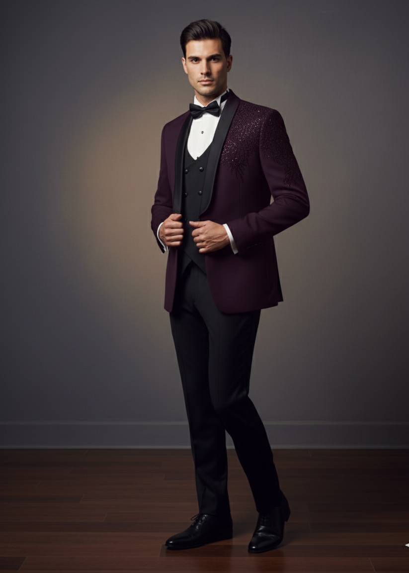 Burgundy Cutdana Embroidered Tuxedo