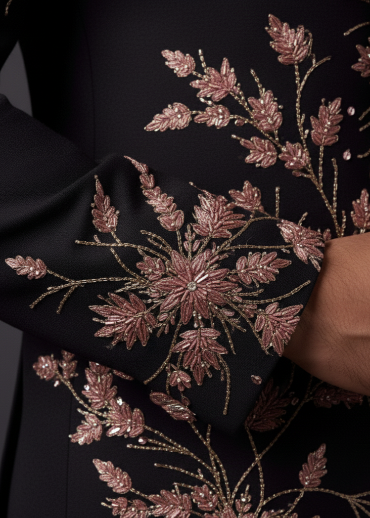 Slim Fit Black Bandhagla with Pink Embroiderey