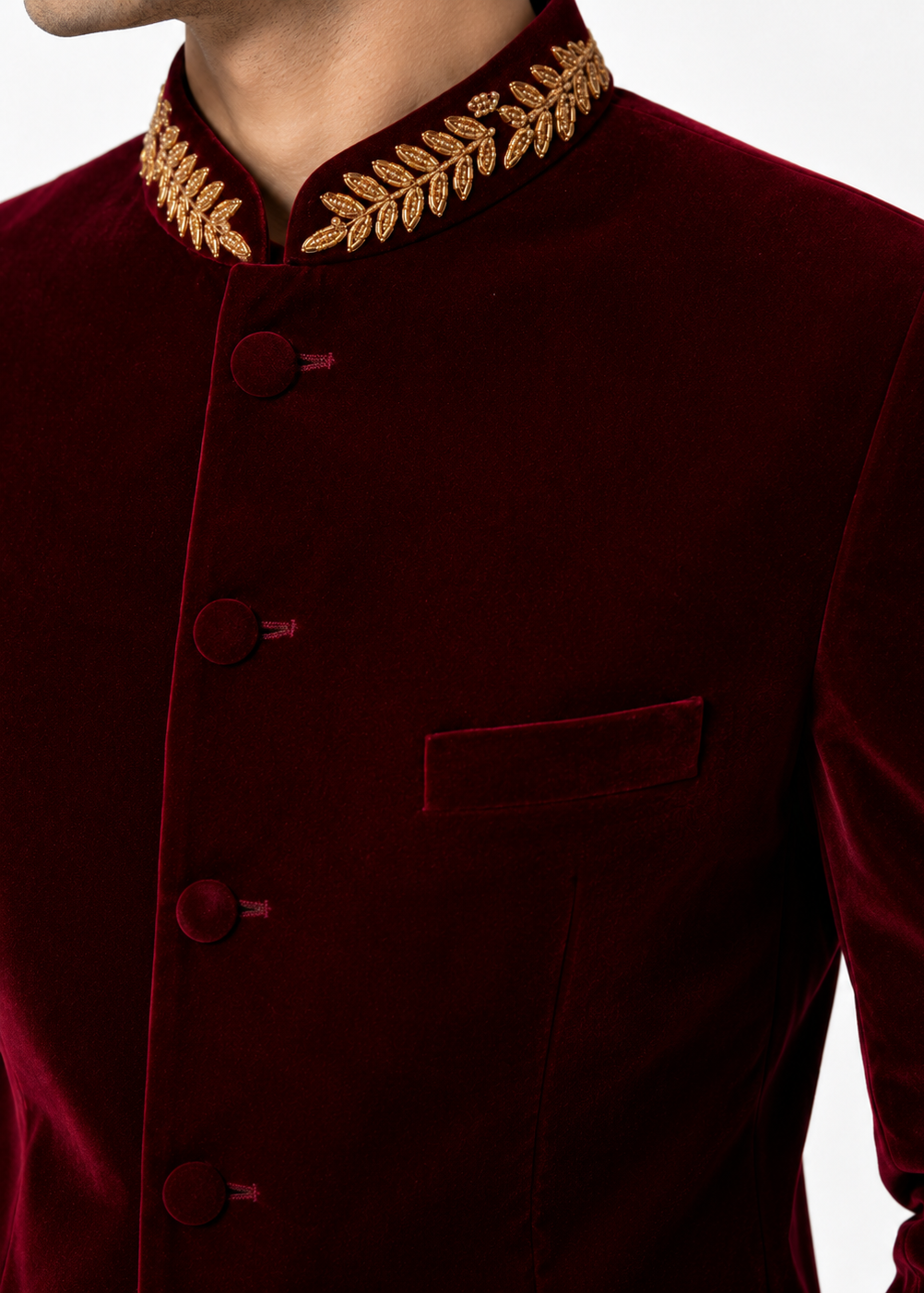 Burgundy Velvet Collar Embellished Jodhpuri