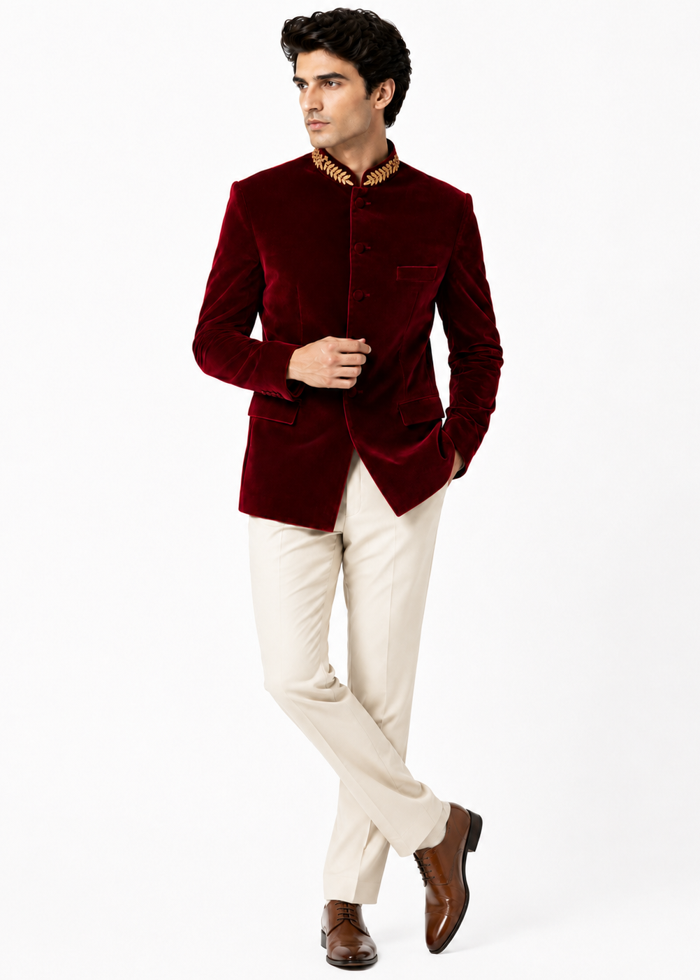 Burgundy Velvet Collar Embellished Jodhpuri