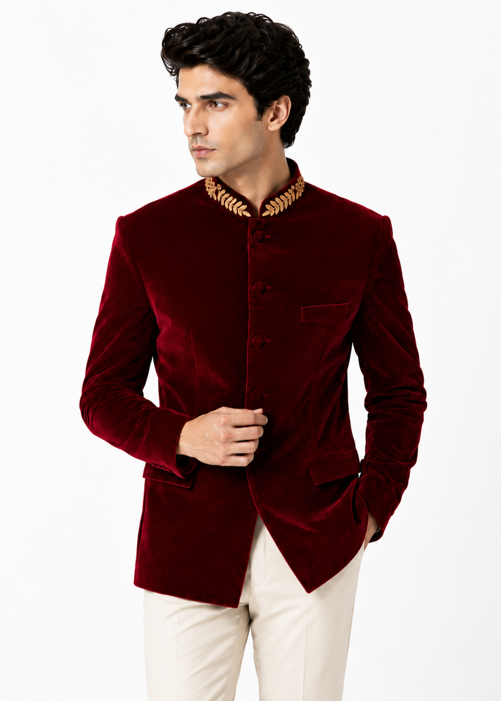Burgundy Velvet Collar Embellished Jodhpuri
