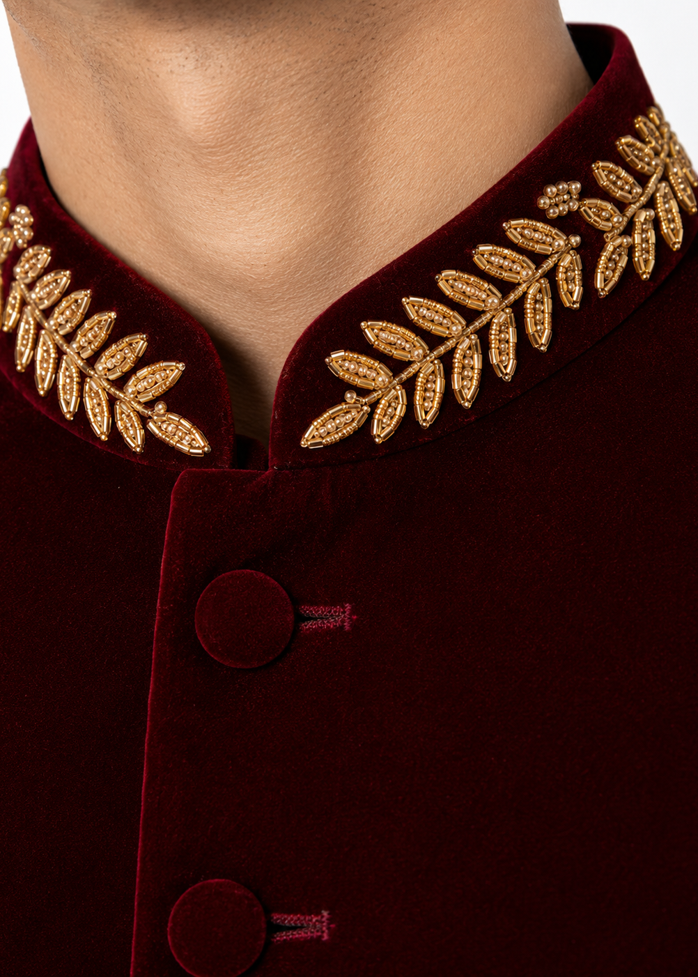 Burgundy Velvet Collar Embellished Jodhpuri