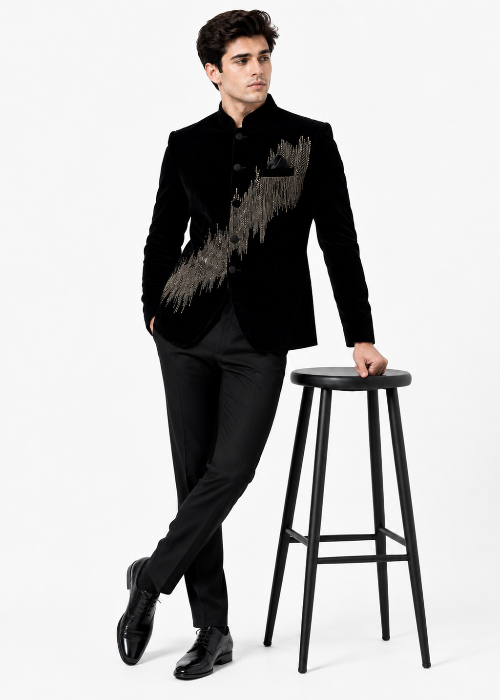 Black Velvet Metallic Embellished Bandhgala