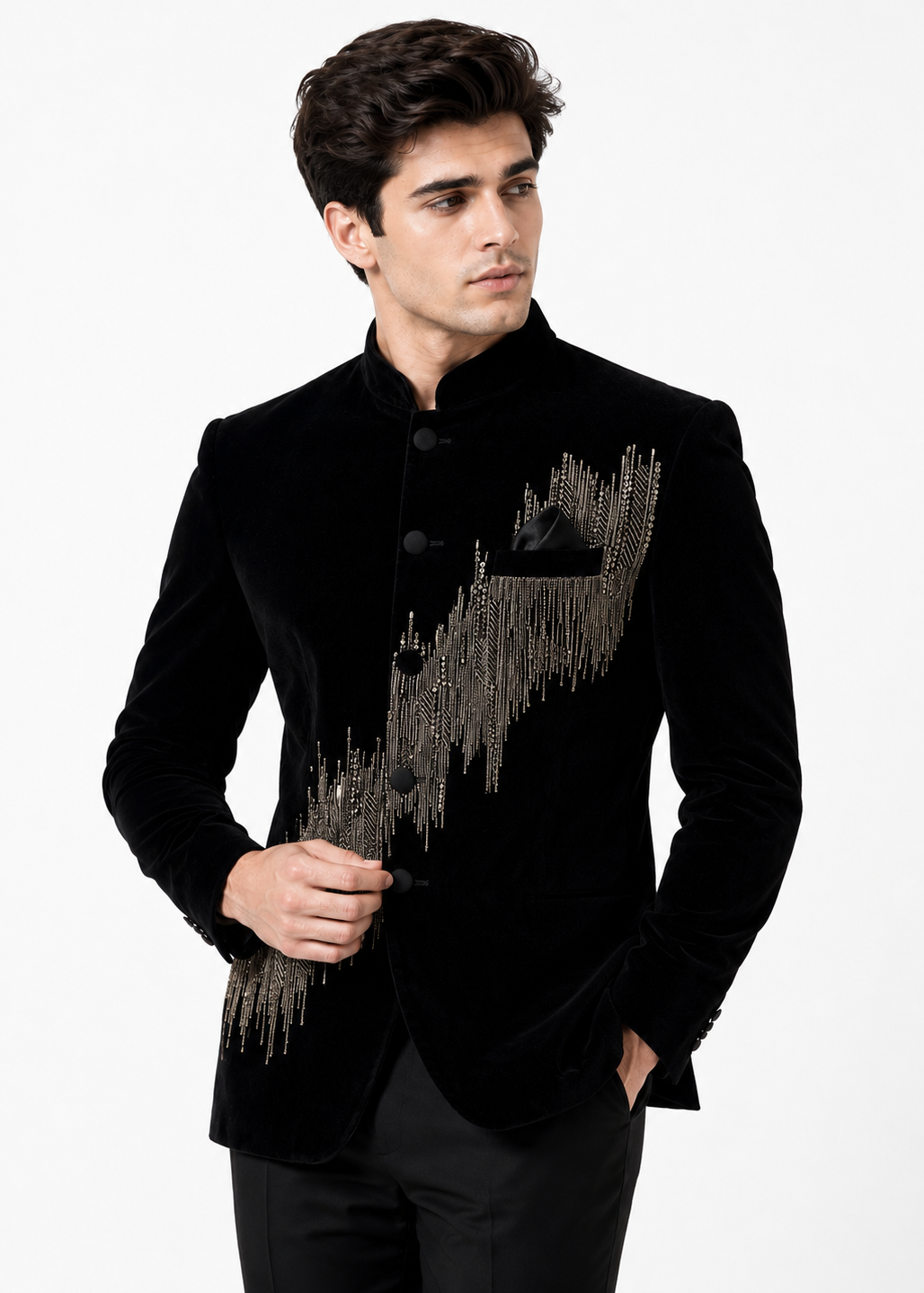 Black Velvet Metallic Embellished Bandhgala