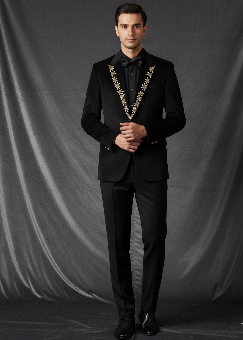 Groomsmen Black Zardozi Embroidered Tuxedo