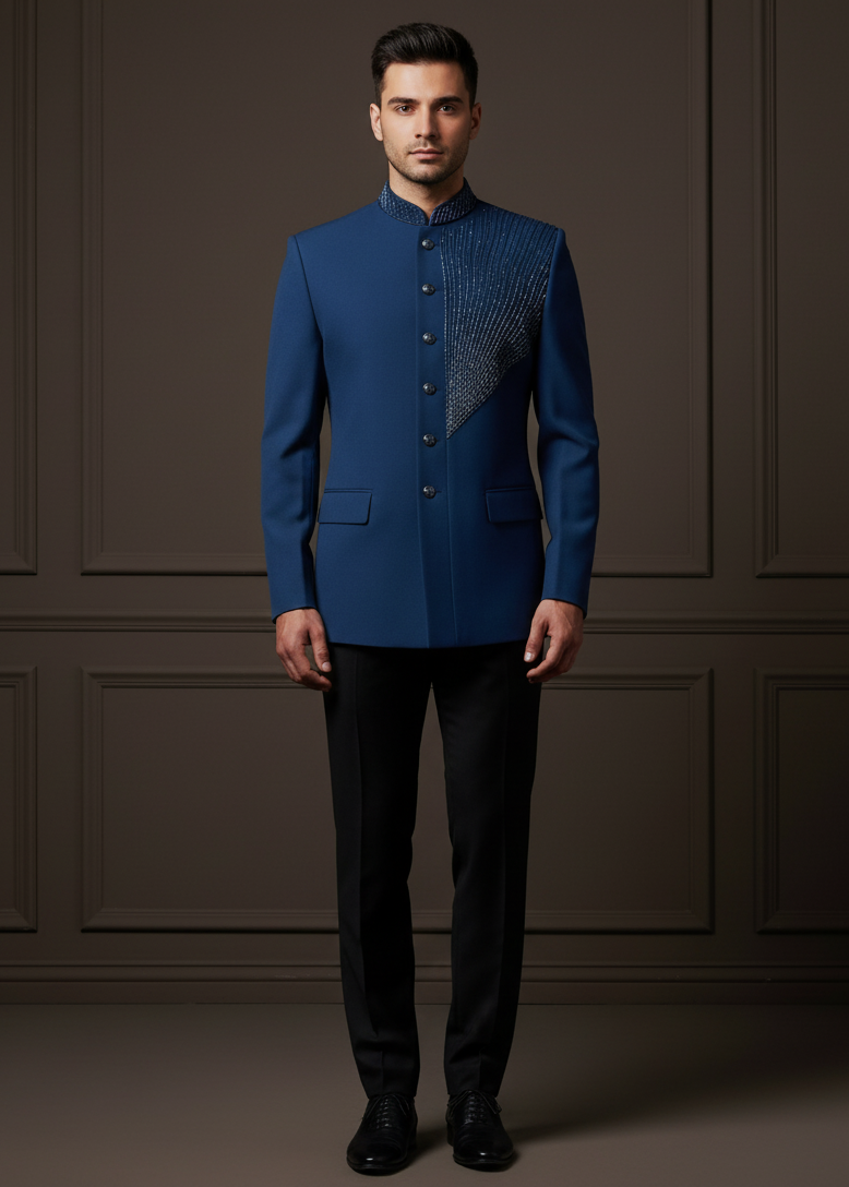 Teal Blue Cutdana Embroidered Bandhgala