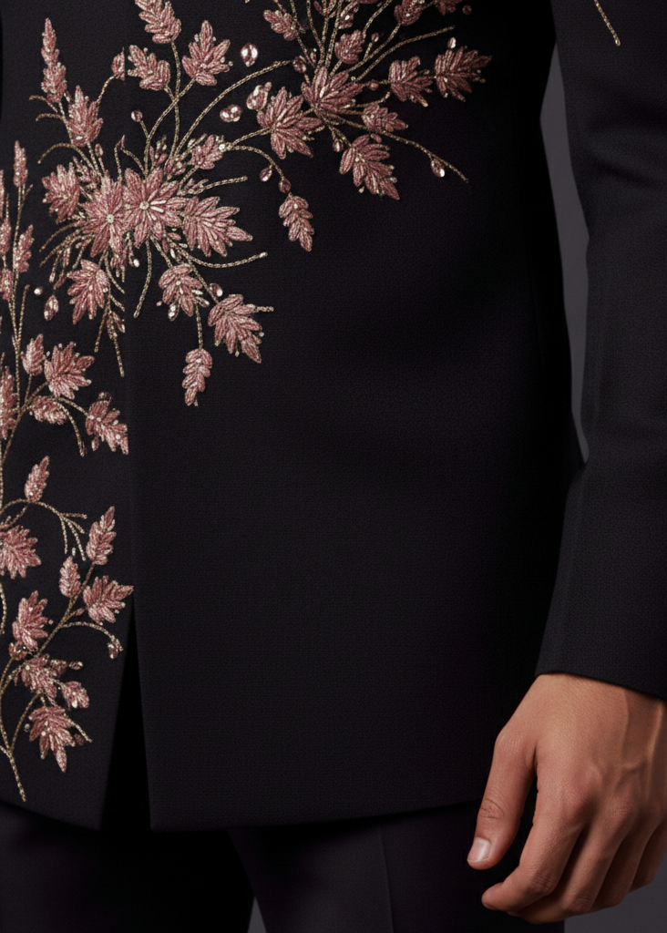 Slim Fit Black Bandhagla with Pink Embroiderey