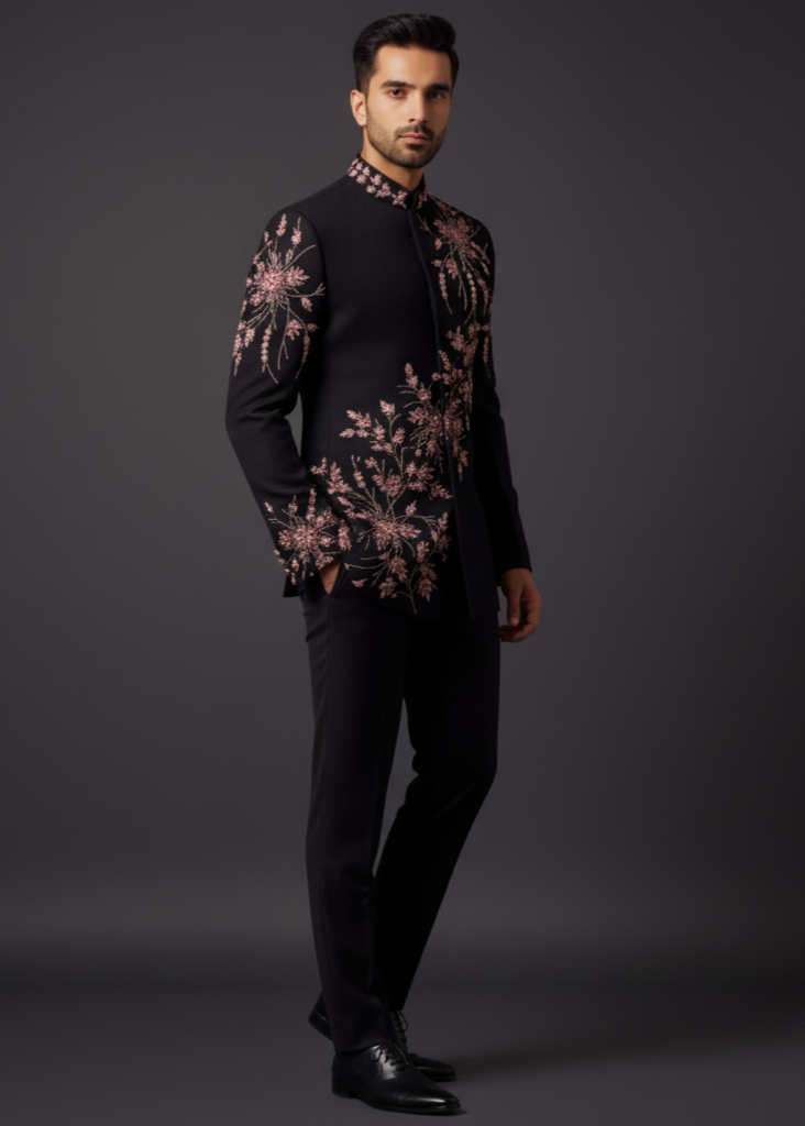 Slim Fit Black Bandhagla with Pink Embroiderey