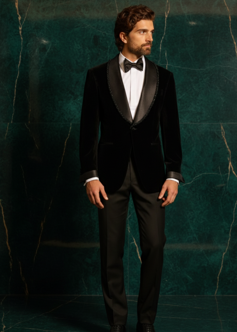 Royal Black Velvet Shawl Lapel Cutdana Embroidered Tuxedo