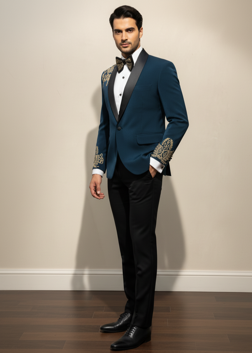 Teal Blue Gold Zari Embroidered Tuxedo