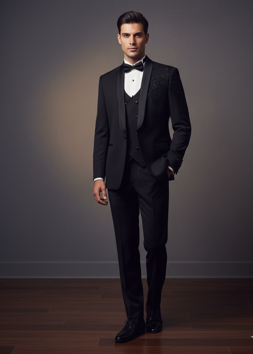 Slim Fit Black Cutdana Tuxedo