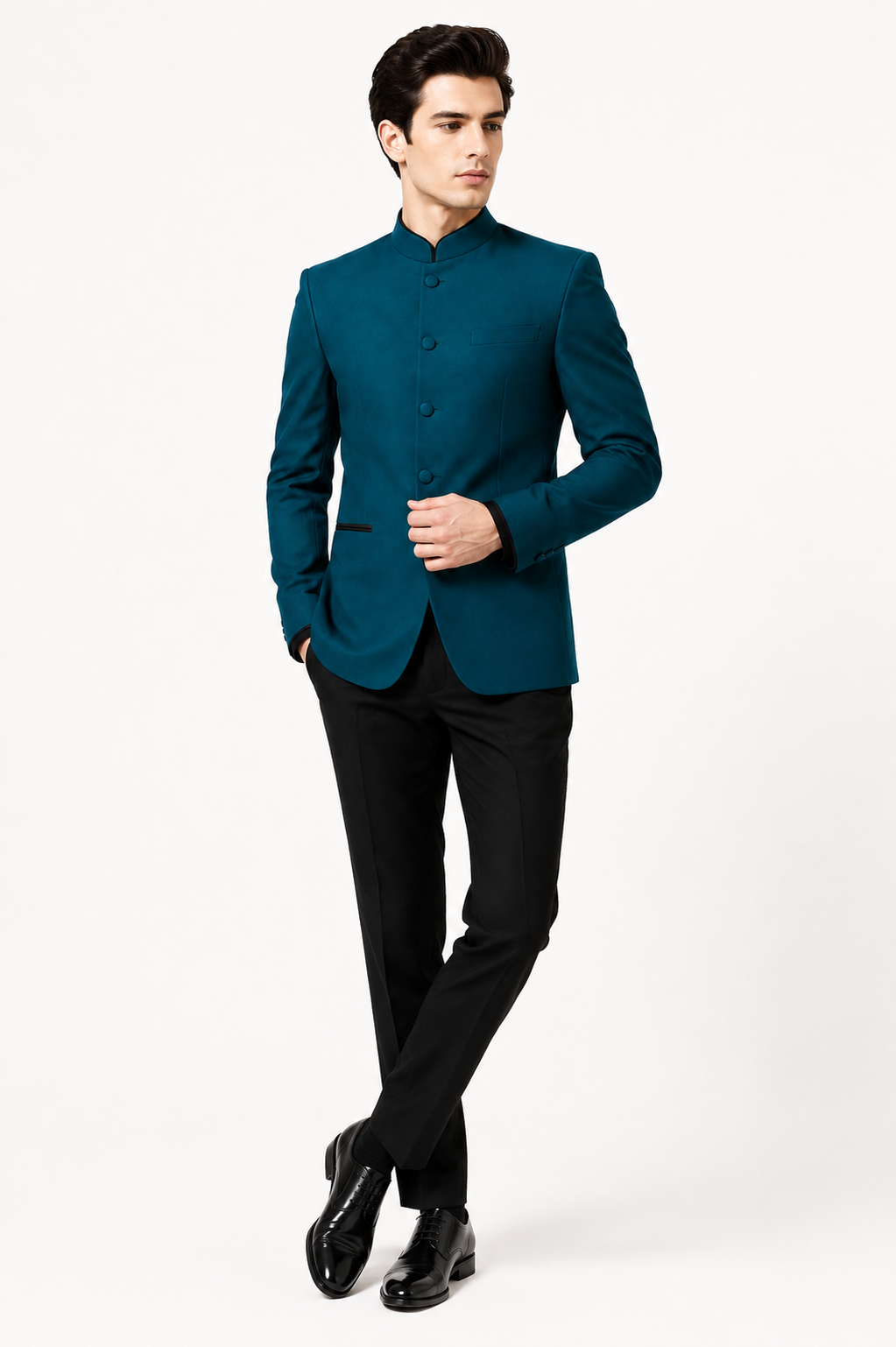 Teal Blue Solid Bandhgala
