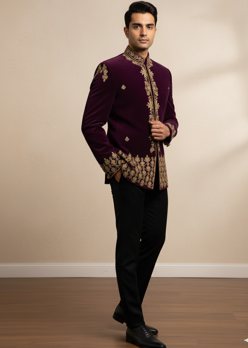 Purple Gold Embroidered Bandhgala Suit
