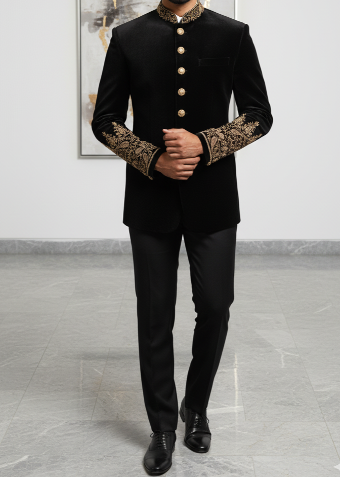 Black Embroiderd Bandhgala with Gold Zardozi Embroidery