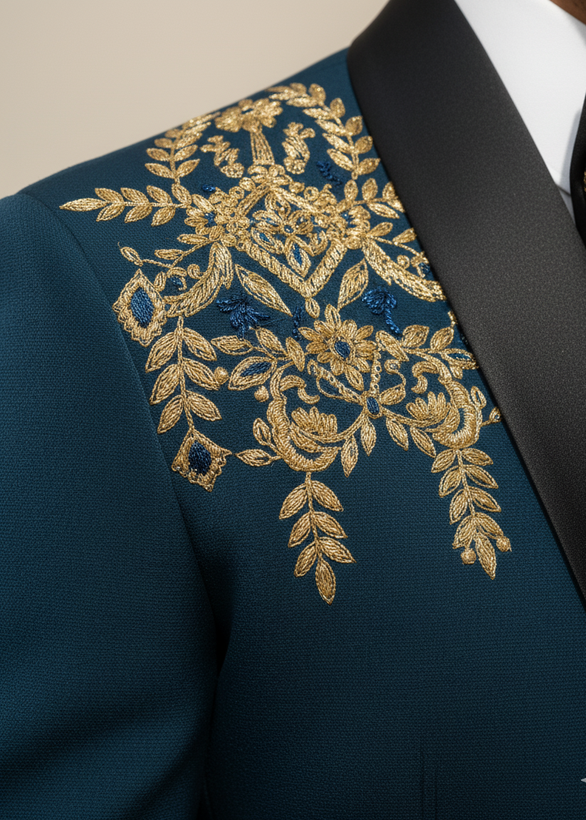 Teal Blue Gold Zari Embroidered Tuxedo
