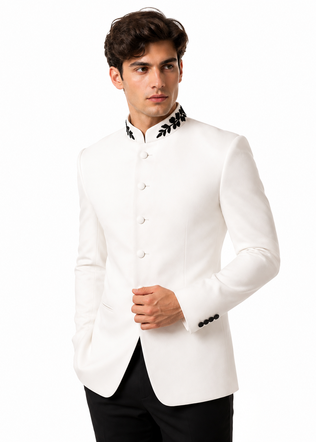 White Bandhgala with Contrast Embroidered Collar