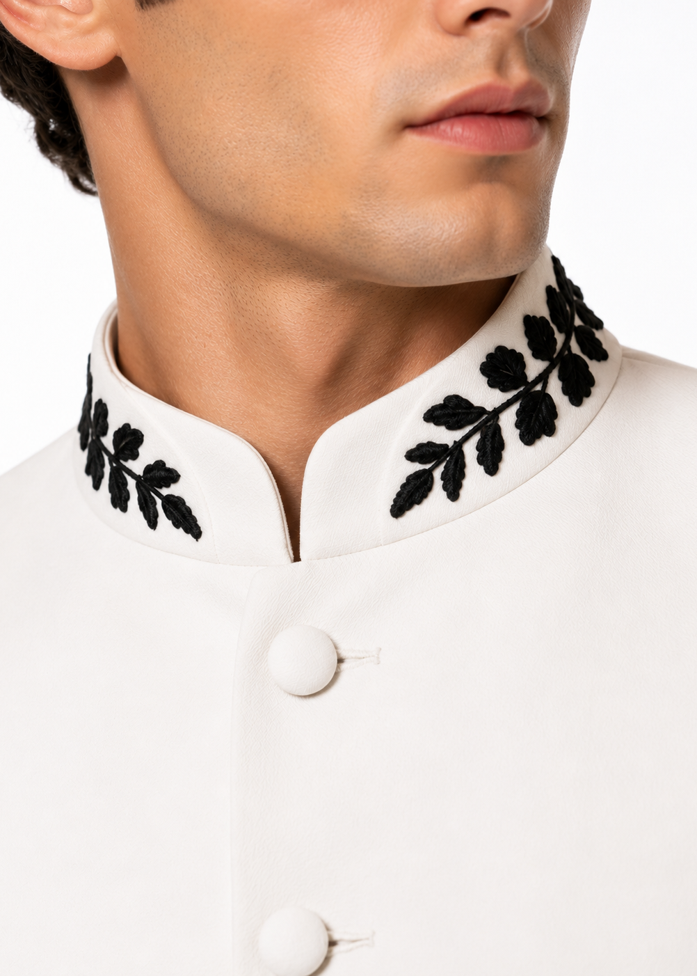 White Bandhgala with Contrast Embroidered Collar