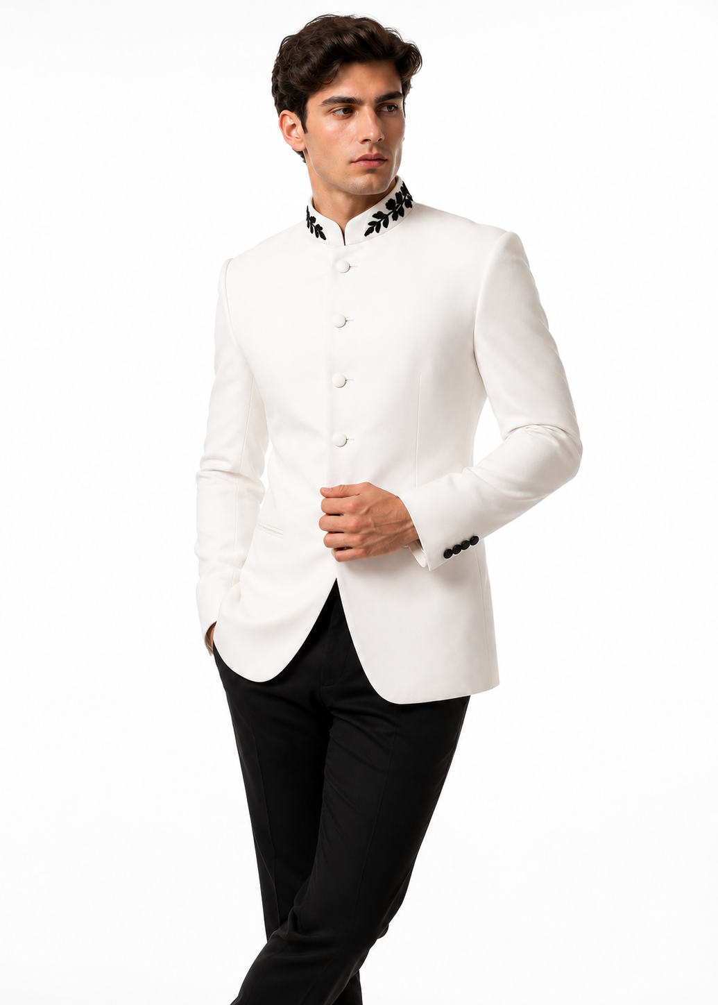 White Bandhgala with Contrast Embroidered Collar