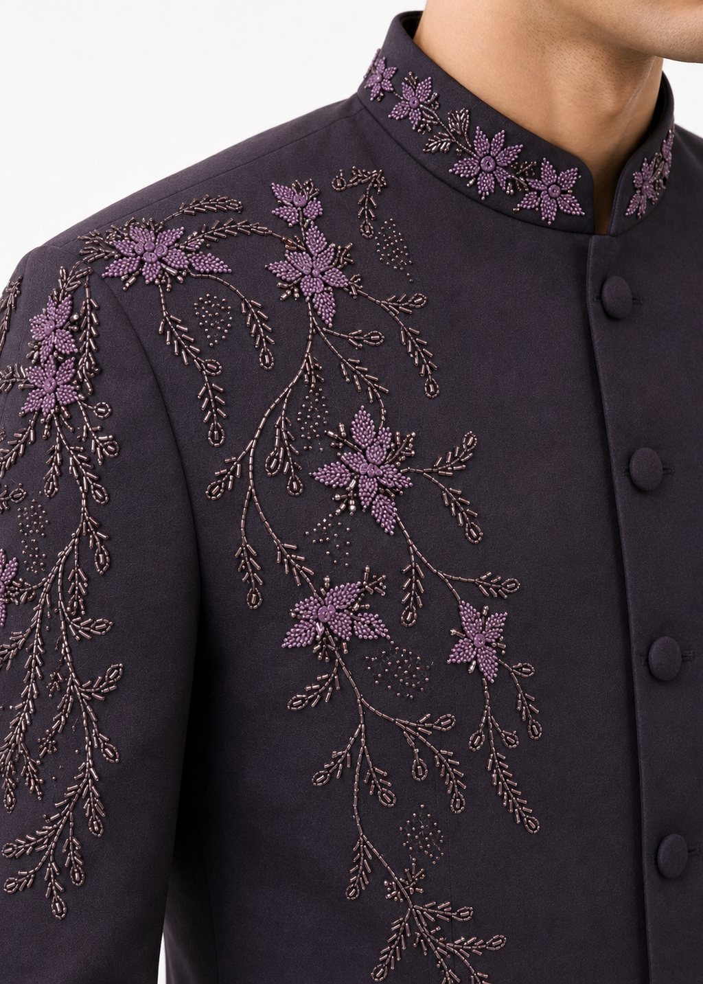 Wedding Purple Embroidered Floral Bandhgala Suit